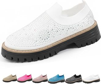 Generic Womens Knitted Platform Slip On Rhinestone Loafers, Orthopedic Chunky Loafers Breathable Mesh Sparkly Glitter Walking Shoes (7.5,White)