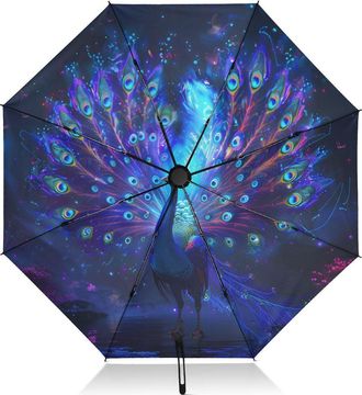 Alaza Blue Peacock Beautiful Folding Umbrella Inverted Umbrella Automatic Open Close Compact Umbrella Portable Large for Rain Sun UV Protection Windproof