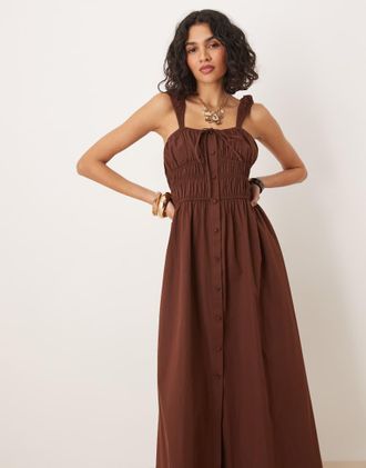 Asos tie front button down midi sundress in chocolate-Brown