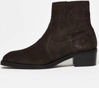 Asos Stivaletti Chelsea marroni in camoscio con tacco cubano e cuciture stile western-Marrone