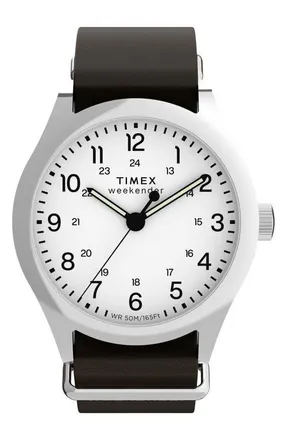 Timex Weekender New England Leather Strap Watch, 39mm in White at Nordstrom
