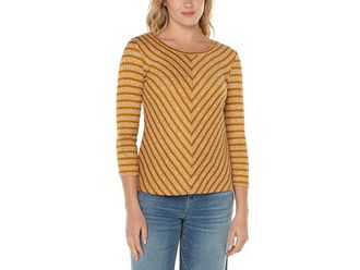 Liverpool L.A. 3/4 Sleeve Miter Front Scoop Neck Knit Top Womens Clothing Gold Stripe : MD, Polyester/Rayon/Spandex