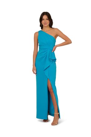 Adrianna Papell Womens One Shoulder Scuba Gown - Blue - Size 10 UK