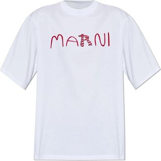Marni Wit katoenen T-shirt met gevlokt Dierenalfabet-logo - Heren - T-shirts - Wit - S - Katoen - Tops