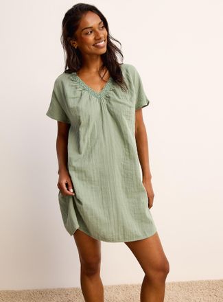 Miiyu Womens Loose-fitting V-collar cotton-gauze nightgown