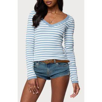 Edikted Kimi Stripe Long Sleeve Top in Blue-White at Nordstrom, Size X-Small