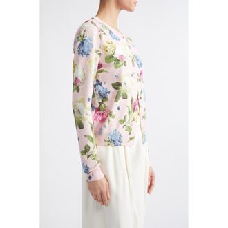 Carolina Herrera Long Sleeve Crewneck Cardigan in Rosewater Multi at Nordstrom, Size X-Large
