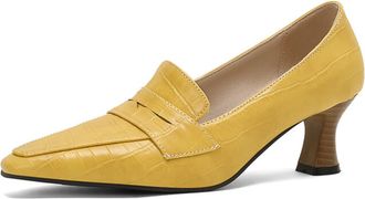 Generic Women Pointed Toe Loafers Solid Color Crocodile Texture Penny Strap Curved Block Heel Slip On Narrow Toe Cap Non Slip Durable Comfortable Dress Shoes,