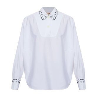 Marni Poplin blouse met halve knoopsluiting en broderie anglaise - Dames - Blouses & Shirts - Wit - Maat: 2XS Katoen