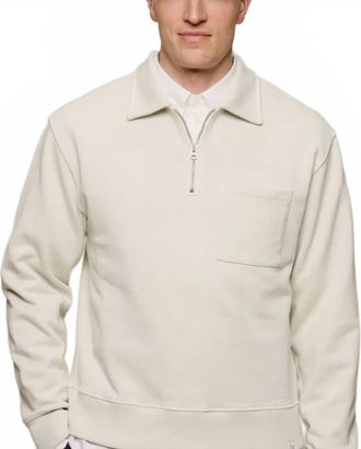 Merz b. Schwanen Authentic Fleece Polo Collared Half-Zip Cotton Sweatshirt In Nature