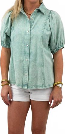 Entro Denim Collared Button Down Top In Mint