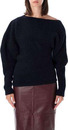 Alberta Ferretti Asymmetrical Ribbed Wool-Cashmere Balloon-Sleeve Sweater