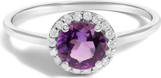 House of Brilliance 10K Gold Gemstone and 1/10 Cttw Diamond Halo Birthstone Ring in White | Purple Amethyst at Nordstrom, Size 6.5