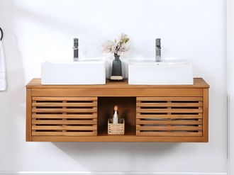 Vente-Unique Mueble de ba&ntilde;o suspendido de madera de acacia con doble lavabo - 130 cm - PENEBEL