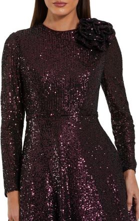 Mac Duggal Long Sleeve Sequin Ballgown With 3D Flower in Amethyst at Nordstrom, Size 14