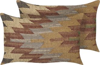 Beliani Beliani - Conjunto De 2 Cojines De Yute Algod&oacute;n Lana Beige Rojo Verde 30 X 50 Cm Deepor
