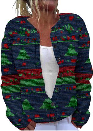 Generic Christmas Cardigans for Women UK Elegant Retro Printed Ribbed Knit Coat Ladies Novelty Xmas Colourful Print Cardigans Soft Knitted Jumper Sweater Wome