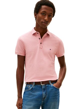 Tommy Hilfiger Mens Short Sleeve Polo Shirts in Slim Fit with Stretch and Organic Pique Cotton, Camelia Blush Heather, Large