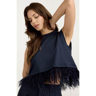 Cinq &agrave; Sept Feather Trim Crop Top in Navy at Nordstrom Rack, Size Xx-Small
