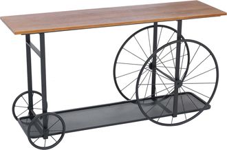 Hhg [nunca Usado] Mesa Auxiliar Hhg-983, Mesita Para Tel&eacute;fono, De Madera Con Dise&ntilde;o Industrial Retro Y Rueda, 81 X 150 X 40 Cm, Marr&oacute;n Y Metal Negro
