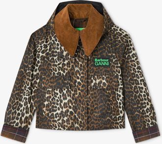 Ganni Mixed x Barbour Short Wax Jacket in Leopard - Size 32 Cotton