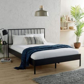 Home Source Industries Double Black Metal Bed Frame with Headboard Home Bedroom Furniture Wooden Slats