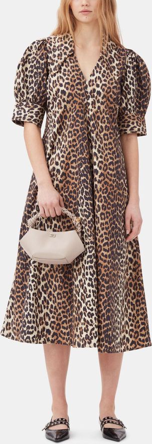 Mixed Leopard Cotton Poplin V-neck Maxi Dress - Size 32 Organic