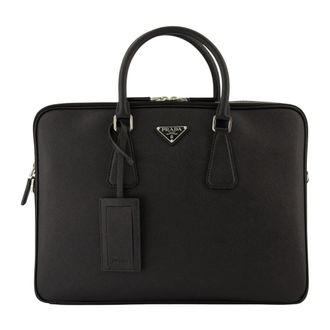 Prada Zwarte Saffiano lederen aktetas - Heren - Laptoptassen - Zwart - ONE Size - Tassen
