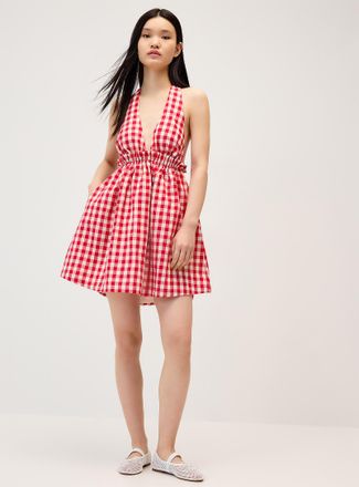 Twik Womens Red gingham pattern halter minidress