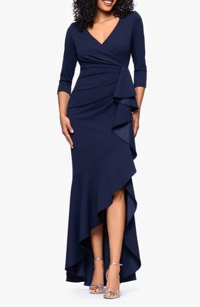 Betsy & Adam Ruffle Scuba Crepe Faux Wrap High-Low Mermaid Gown in Navy at Nordstrom, Size 14