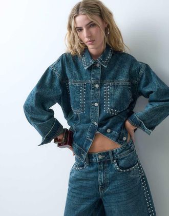 Noisy May giacca di jeans con borchie coordinata in lavaggio vintage scuro-Blu