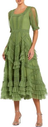 Mac Duggal Petite Short Sleeve Mesh Mirco Ruffle Midi Dress in Moss Green at Nordstrom, Size 10