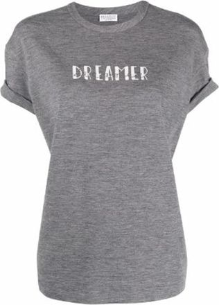 Brunello Cucinelli Dreamer Jersey T-shirt - Dames - T-shirts - Grijs - L - Wol - Tops