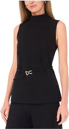 Vince Camuto Mock Neck Sleeveless Top with Tie Womens Clothing Rich Black : XS, Polyester/Spandex