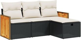 vidaXL Juego De Sof&aacute;s Jard&iacute;n 4 Pzas Con Cojines Rat&aacute;n Sint&eacute;tico Negro Vidaxl