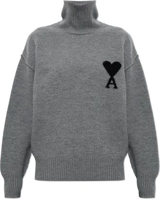 Ami Wol trui met col en logo - Dames - Coltruien - Grijs - S - Wol - Truien & Vesten