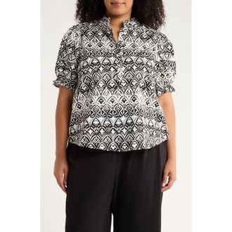 Sugarlips La Palma Floral Puff Sleeve Cotton Top in Black-White at Nordstrom, Size 2X