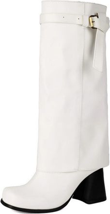 Generic Womens Chunky Heel Knight Boot with Buckle Square Toe PU Leather Long Boots Pull on Knee High Boots,White,4.5 UK