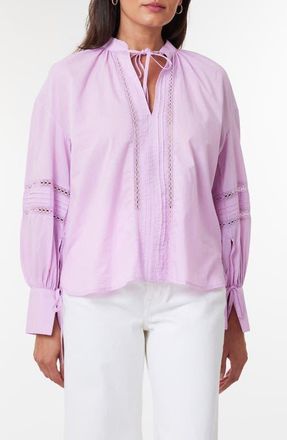 Scotch & Soda Lace Inset Tie Neck Cotton Top in Light Iris Pink at Nordstrom, Size 12 Us