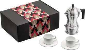 Alessi Coffee Gift Set Pulcina Mdl02bset - Caffettiera Espresso 3 Tazze In Alluminio Con Induzione 2 Tazze E Piattini In Porcellana