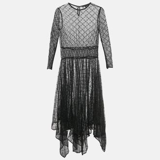 Maje Black Glittered Stretch Mesh Sheer Handkerchief Midi Dress
