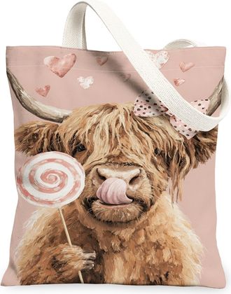 Generic Cute Animal Canvas Tote Bags, Adorable Highland Cow Design Reusable Grocery Bags, Vintage Floral Lightweight Washable Shoul, Peach, 13x15 Inch