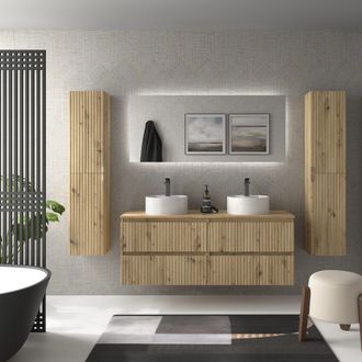 Cygnus Bath Mueble De Ba&ntilde;o Kira 140cm Roble 4 Cajones Lavabo Sobre Encimera 2 Pozas Porcelana