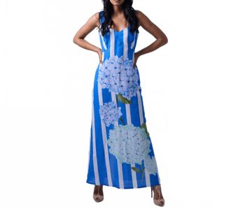 Verandah Linen Summer Maxi Dress In Blue Stripe Hydrangea
