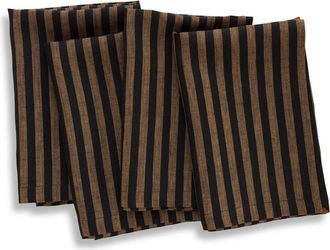 Solino Home Linen Dinner Napkins Set of 4, 20 x 20 Inch for Dining Table, Holiday and Everyday Table Decor - Amalfi Stripe in Brown Sugar And Black