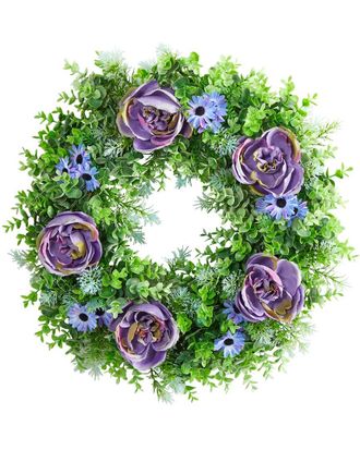 Nearly Natural 22In Purple Rose, Blue Daisy And Greens Artificial Wreath