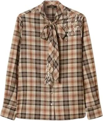Twinset Ruitjes Flanellen Blouse met Borduurwerk - Dames - Blouses - Bruin - XS - Polyester - Overhemden