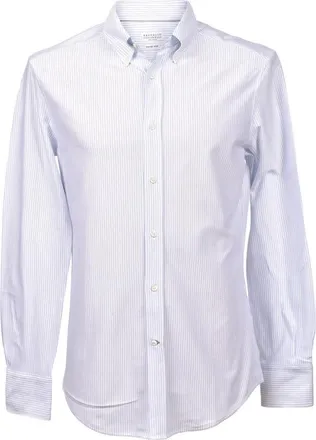 Brunello Cucinelli MenS White Light Blue Striped Shirt, Size XXL