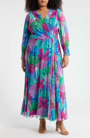 London Times Floral Long Sleeve Faux Wrap Maxi Dress in Pink/Blue at Nordstrom Rack, Size 1 X