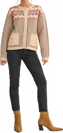 Merci Striped Floral Sweater Cardigan In Cream